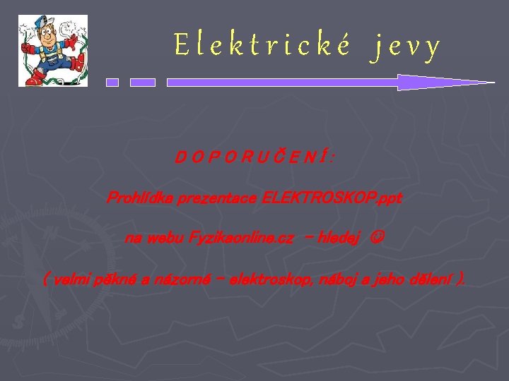 Elektrické jevy DOPORUČENÍ: Prohlídka prezentace ELEKTROSKOP. ppt na webu Fyzikaonline. cz - hledej (