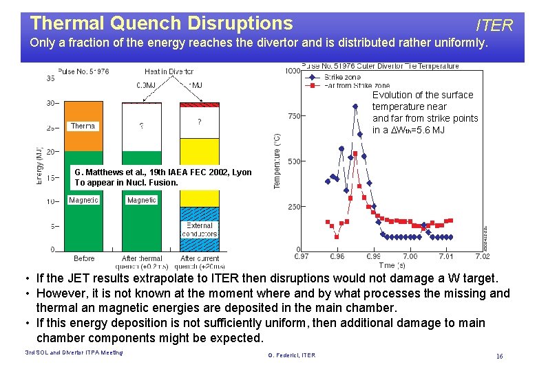 Thermal Quench Disruptions ITER Only a fraction of the energy reaches the divertor and