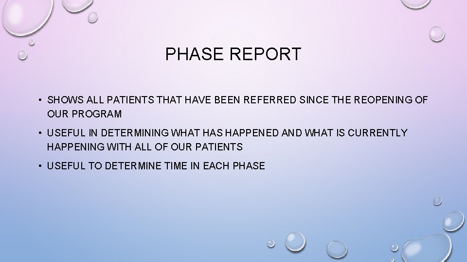 PHASE REPORT • SHOWS ALL PATIENTS THAT HAVE BEEN REFERRED SINCE THE REOPENING OF