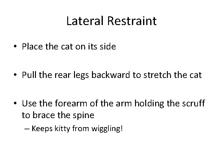 Lateral Restraint • Place the cat on its side • Pull the rear legs