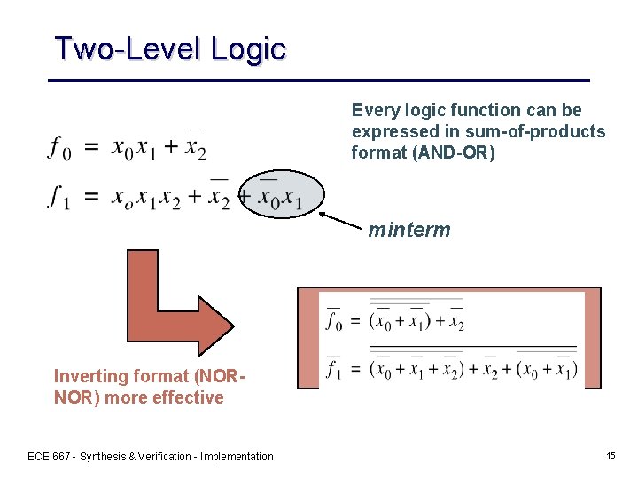 Two-Level Logic Every logic function can be expressed in sum-of-products format (AND-OR) minterm Inverting