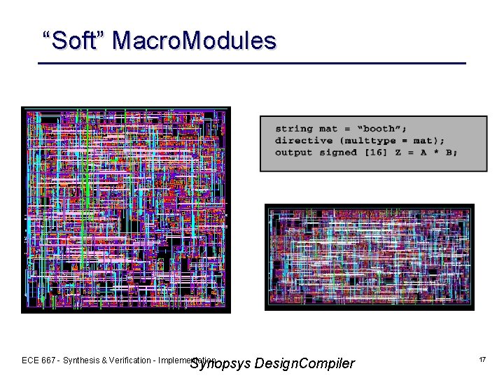 “Soft” Macro. Modules Synopsys Design. Compiler ECE 667 - Synthesis & Verification - Implementation