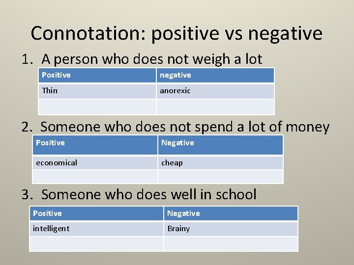 Connotation: positive vs negative 1. A person who does not weigh a lot Positive