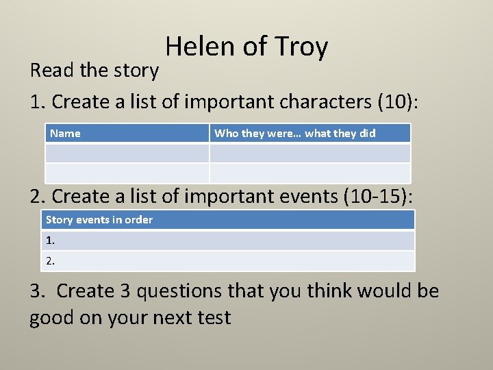 Helen of Troy Read the story 1. Create a list of important characters (10):