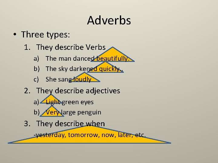  • Three types: Adverbs 1. They describe Verbs a) The man danced beautifully.