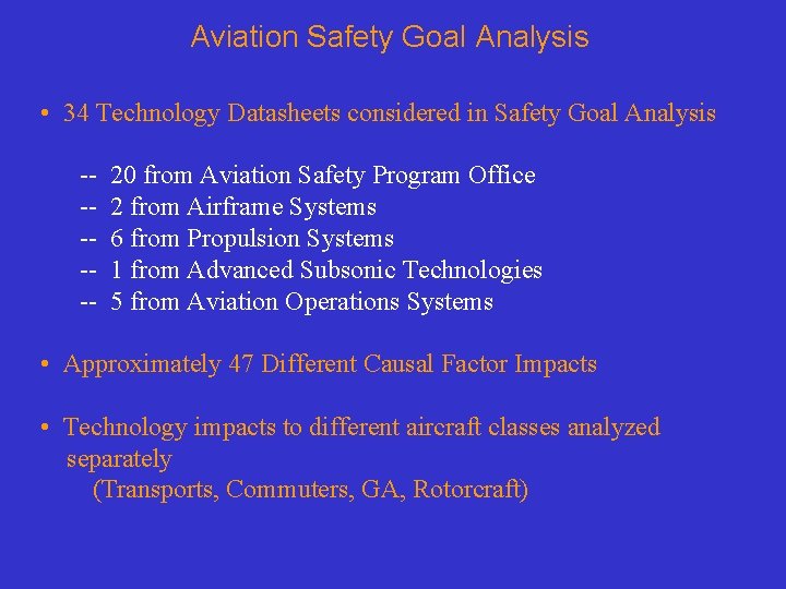Aviation Safety Goal Analysis • 34 Technology Datasheets considered in Safety Goal Analysis ------