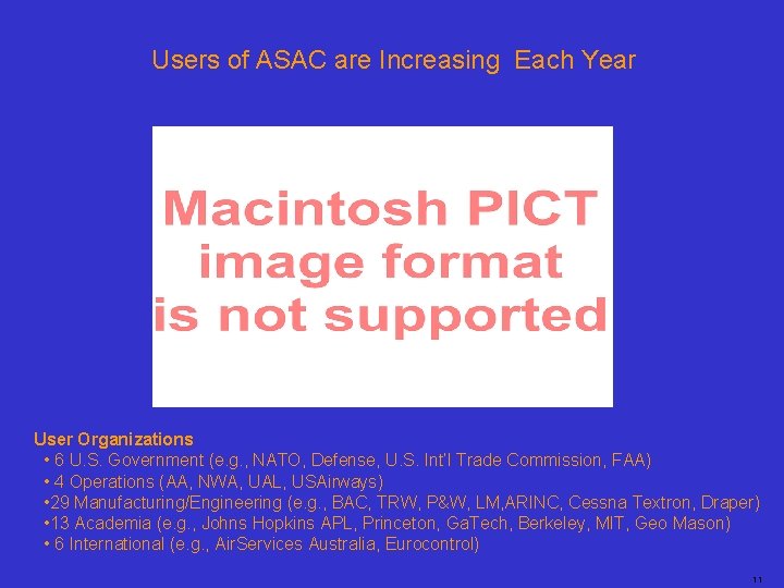 Users of ASAC are Increasing Each Year User Organizations • 6 U. S. Government