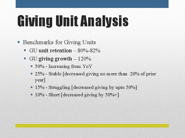 Giving Unit Analysis § Benchmarks for Giving Units § GU unit retention – 80%-82%