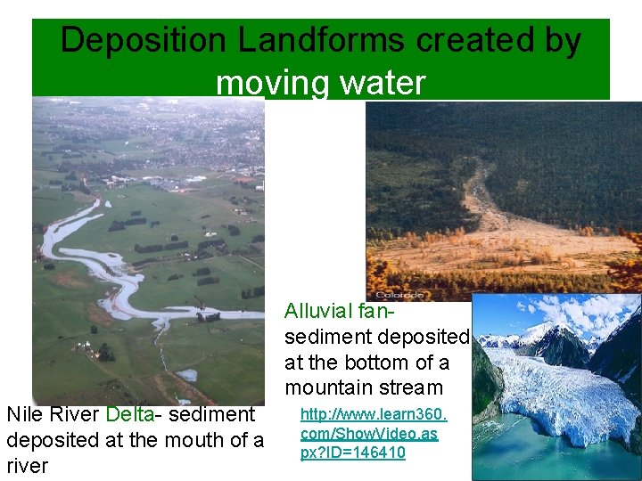 Deposition Landforms created by moving water Alluvial fansediment deposited at the bottom of a