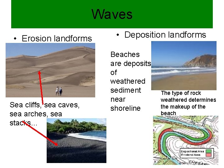 Waves • Erosion landforms Sea cliffs, sea caves, sea arches, sea stacks… • Deposition