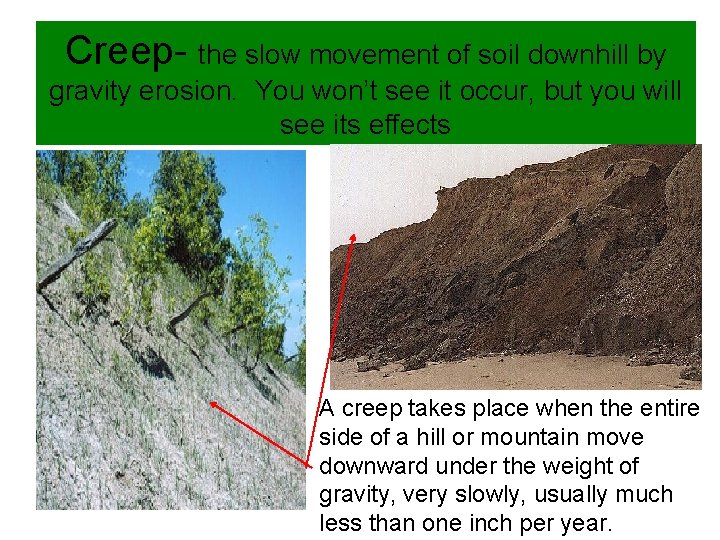 Creep- the slow movement of soil downhill by gravity erosion. You won’t see it