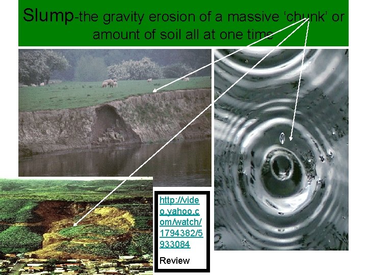 Slump-the gravity erosion of a massive ‘chunk’ or amount of soil all at one