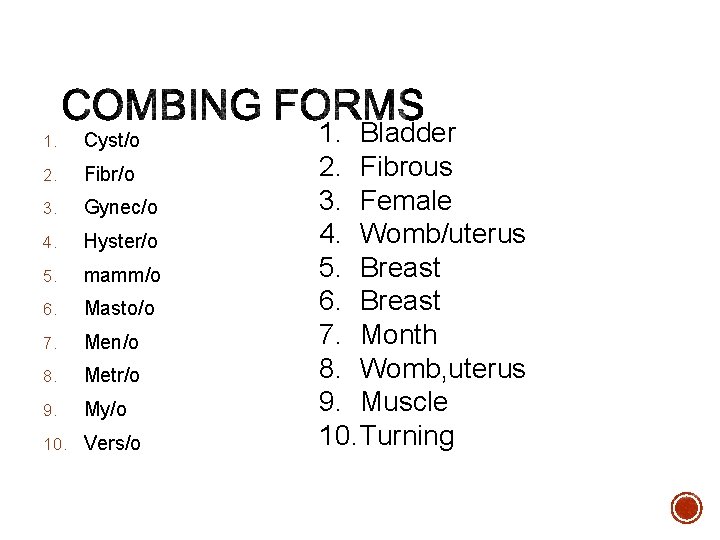 1. Cyst/o 2. Fibr/o 3. Gynec/o 4. Hyster/o 5. mamm/o 6. Masto/o 7. Men/o