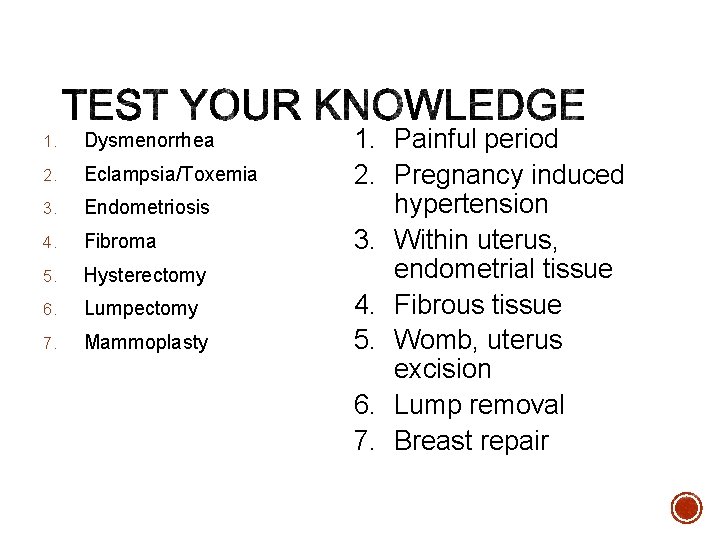 1. Dysmenorrhea 2. Eclampsia/Toxemia 3. Endometriosis 4. Fibroma 5. Hysterectomy 6. Lumpectomy 7. Mammoplasty
