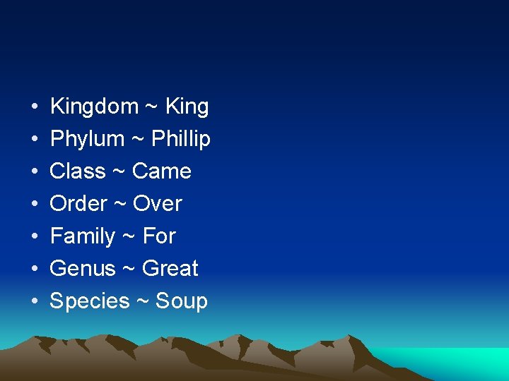  • • Kingdom ~ King Phylum ~ Phillip Class ~ Came Order ~