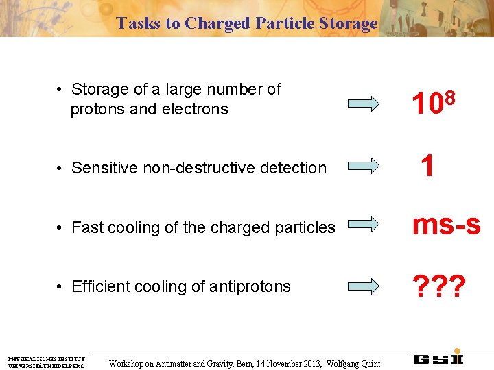 Tasks to Charged Particle Storage • Storage of a large number of protons and