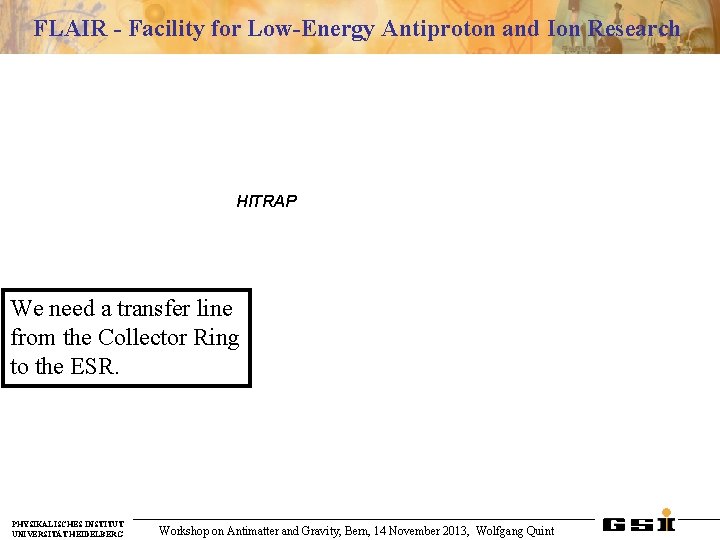 FLAIR - Facility for Low-Energy Antiproton and Ion Research HITRAP We need a transfer