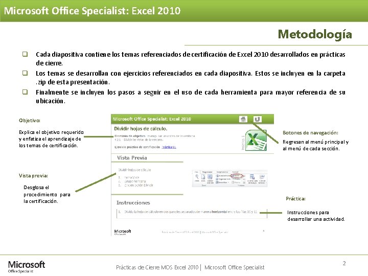 Microsoft Office Specialist: Excel 2010 Metodología q Cada diapositiva contiene los temas referenciados de