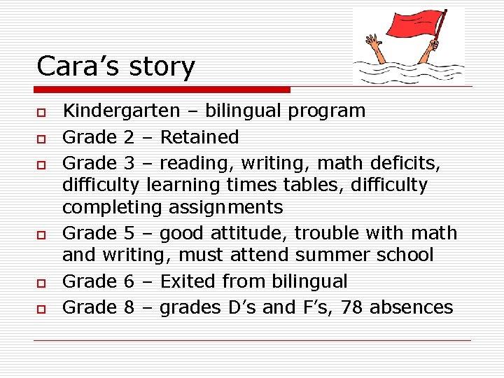 Cara’s story o o o Kindergarten – bilingual program Grade 2 – Retained Grade