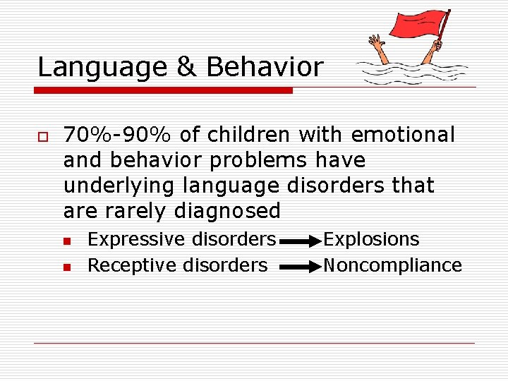 Language & Behavior o 70%-90% of children with emotional and behavior problems have underlying