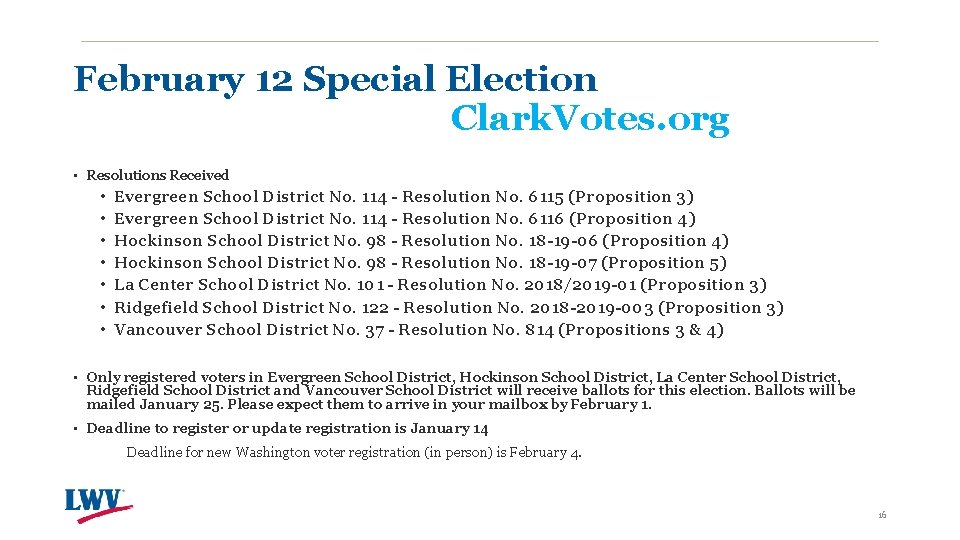 February 12 Special Election Clark. Votes. org • Resolutions Received • • Evergreen School