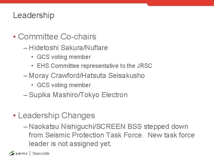 Leadership • Committee Co-chairs – Hidetoshi Sakura/Nuflare • GCS voting member • EHS Committee