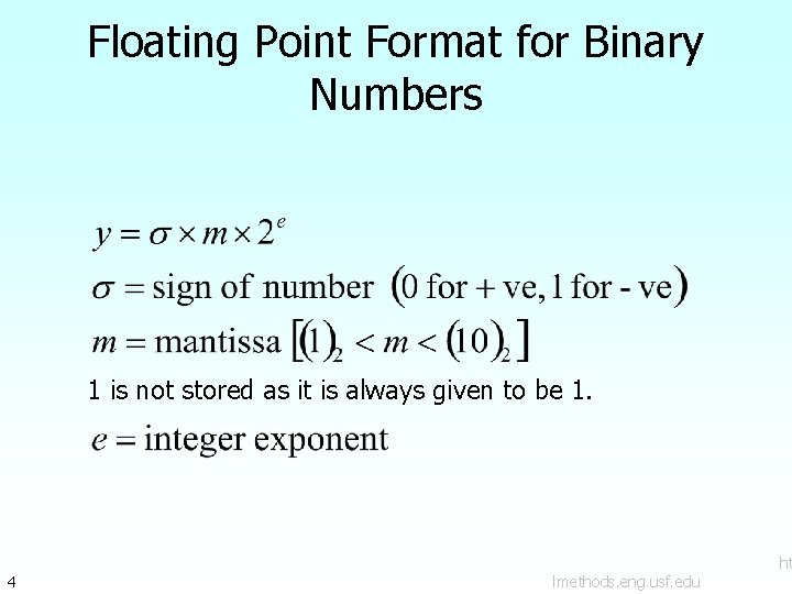 Floating Point Format for Binary Numbers 1 is not stored as it is always