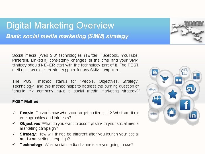 Digital Marketing Overview Basic social media marketing (SMM) strategy Social media (Web 2. 0)