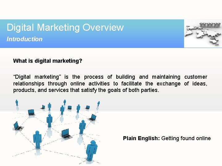 Digital Marketing Overview Introduction What is digital marketing? “Digital marketing” is the process of