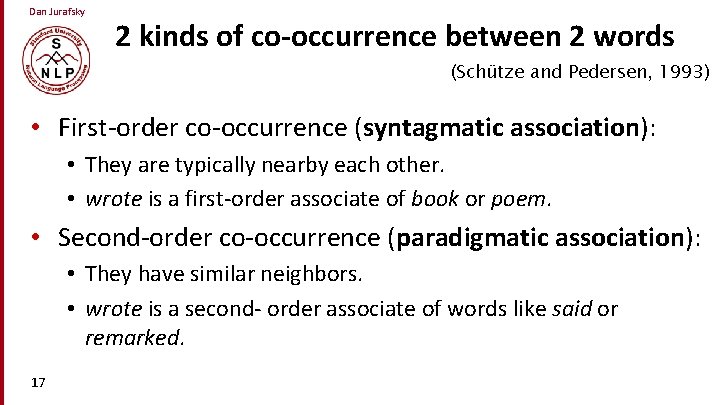 Dan Jurafsky 2 kinds of co-occurrence between 2 words (Schütze and Pedersen, 1993) •