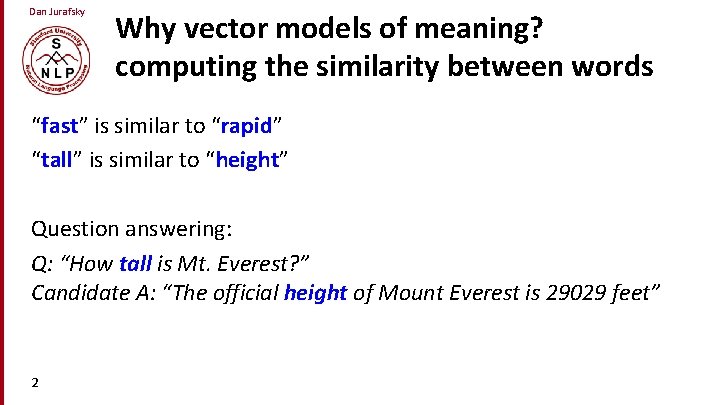 Dan Jurafsky Why vector models of meaning? computing the similarity between words “fast” is