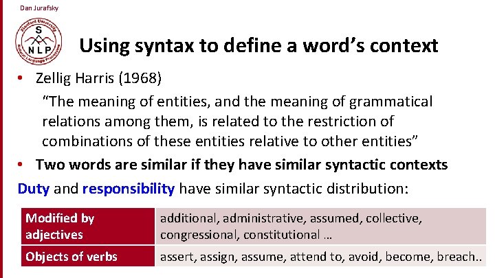 Dan Jurafsky Using syntax to define a word’s context • Zellig Harris (1968) “The