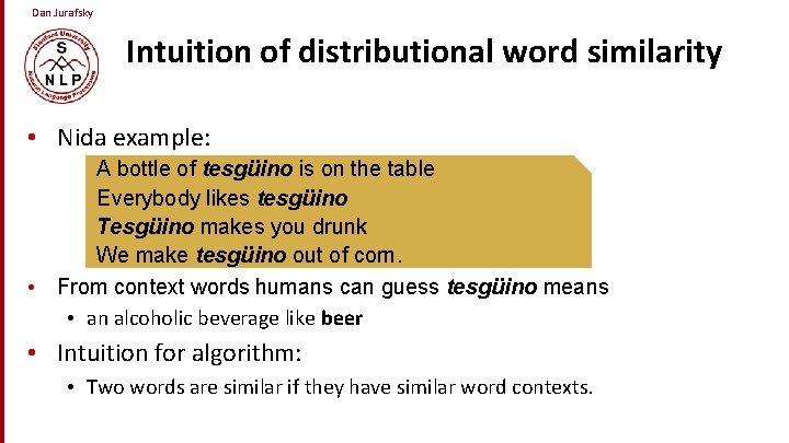 Dan Jurafsky Intuition of distributional word similarity • Nida example: A bottle of tesgüino