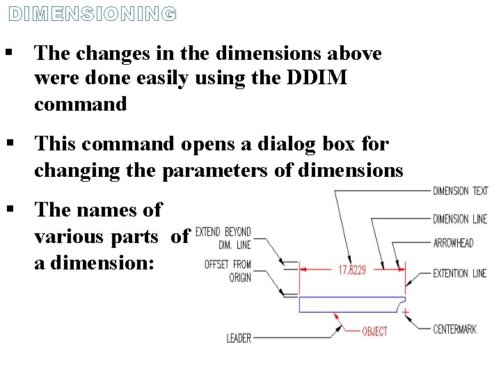 DIMENSIONING The changes in the dimensions above were done easily using the DDIM command