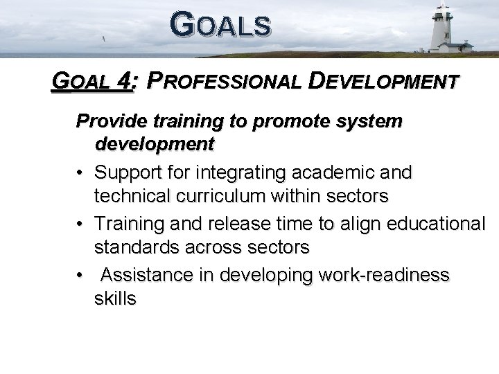 GOALS GOAL 4: PROFESSIONAL DEVELOPMENT Provide training to promote system development • Support for