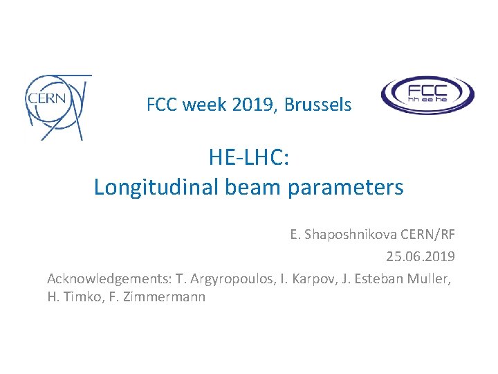  FCC week 2019, Brussels HE-LHC: Longitudinal beam parameters E. Shaposhnikova CERN/RF 25. 06.