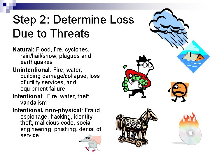 Step 2: Determine Loss Due to Threats Natural: Flood, fire, cyclones, rain/hail/snow, plagues and