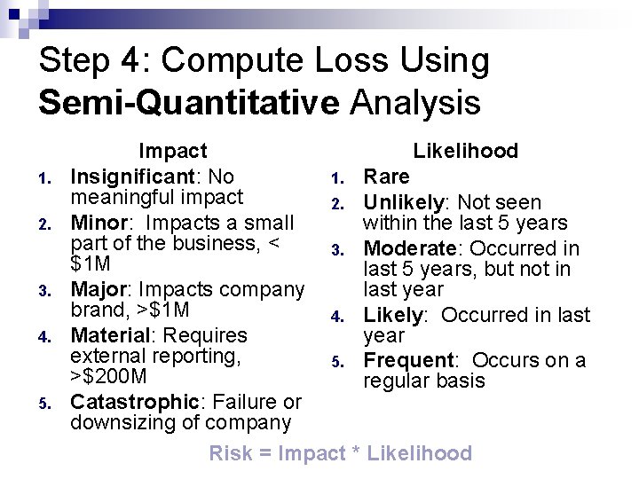 Step 4: Compute Loss Using Semi-Quantitative Analysis 1. 2. 3. 4. 5. Impact Likelihood