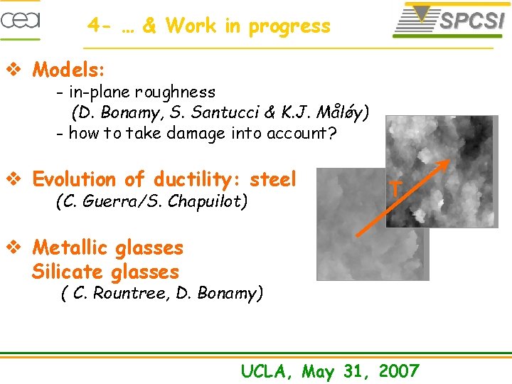 4 - … & Work in progress v Models: - in-plane roughness (D. Bonamy,