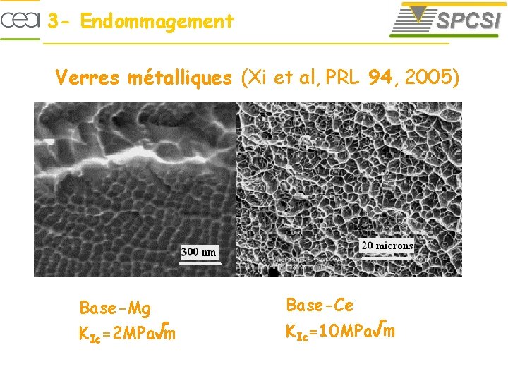 3 - Endommagement Verres métalliques (Xi et al, PRL 94, 2005) Base-Mg KIc=2 MPa√m