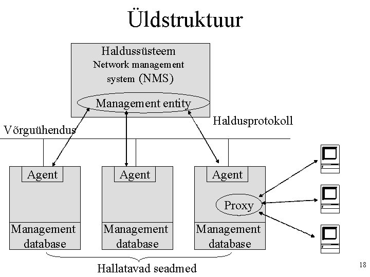 Üldstruktuur Haldussüsteem Network management system (NMS) Management entity Haldusprotokoll Võrguühendus Agent Proxy Management database