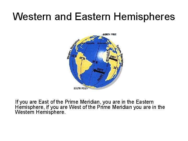 Western and Eastern Hemispheres If you are East of the Prime Meridian, you are