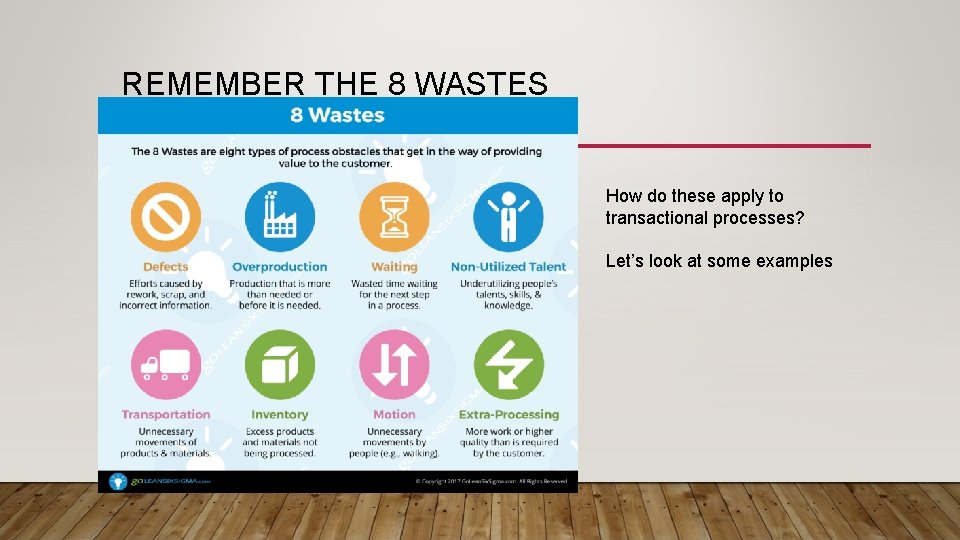 REMEMBER THE 8 WASTES How do these apply to transactional processes? Let’s look at