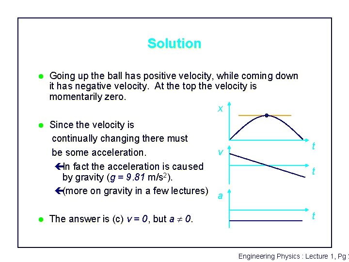 Solution l Going up the ball has positive velocity, while coming down it has