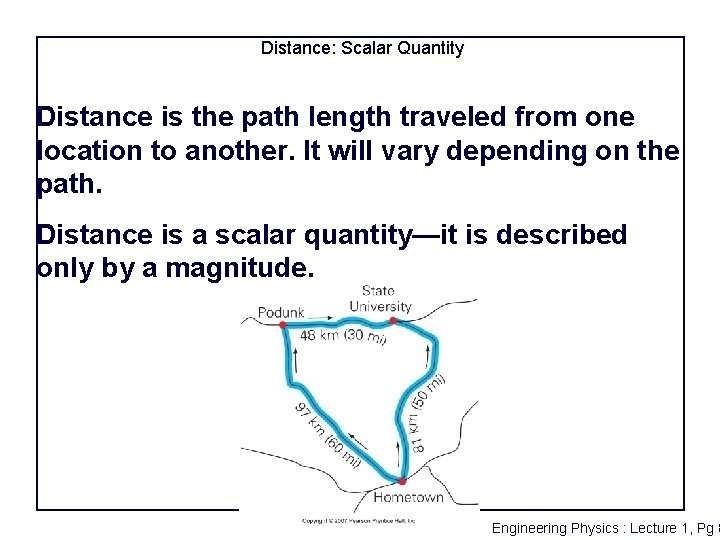 Distance: Scalar Quantity Distance is the path length traveled from one location to another.