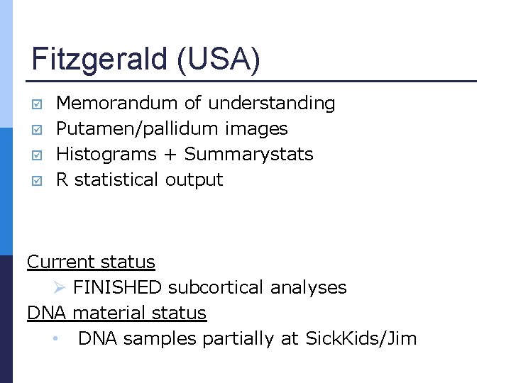 Fitzgerald (USA) Memorandum of understanding Putamen/pallidum images Histograms + Summarystats R statistical output Current