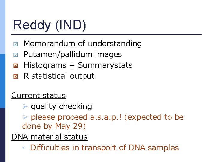 Reddy (IND) Memorandum of understanding Putamen/pallidum images Histograms + Summarystats R statistical output Current