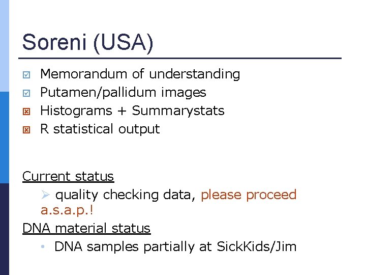 Soreni (USA) Memorandum of understanding Putamen/pallidum images Histograms + Summarystats R statistical output Current