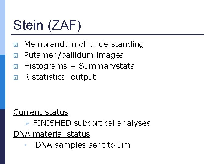 Stein (ZAF) Memorandum of understanding Putamen/pallidum images Histograms + Summarystats R statistical output Current