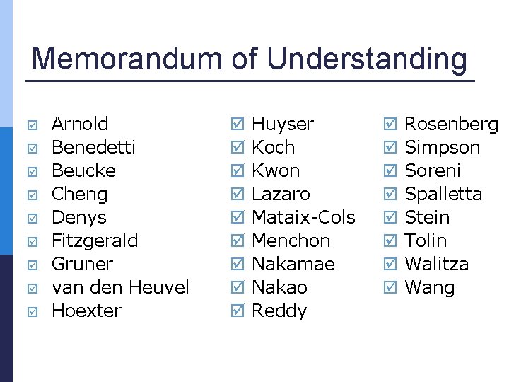 Memorandum of Understanding Arnold Benedetti Beucke Cheng Denys Fitzgerald Gruner van den Heuvel Hoexter